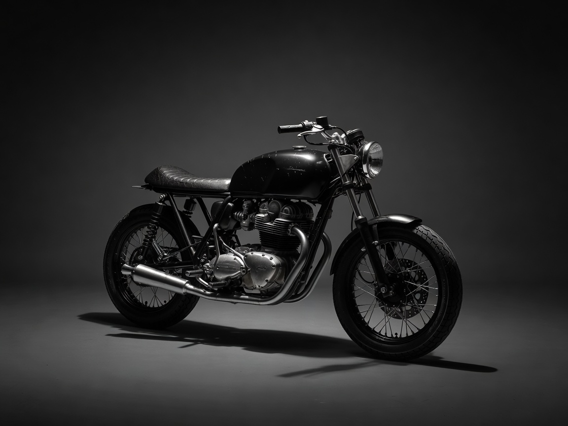 Black and white custom vintage cafe racer under dramatic studio lighting