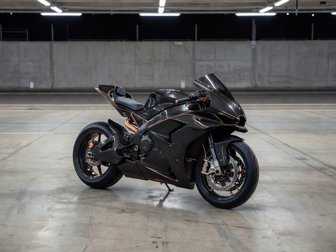 Carbon fiber track superbike with copper accents inside an empty pit lane