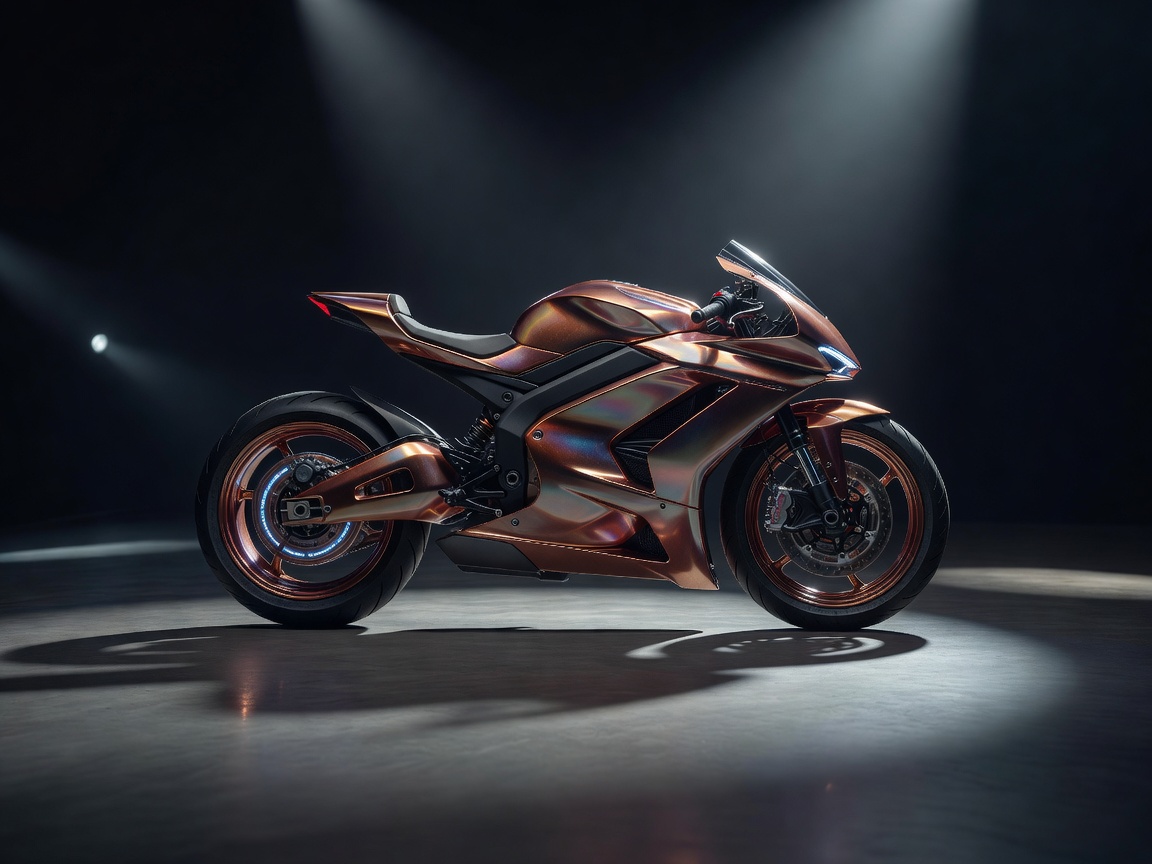 Copper-tinted futuristic hubless electric motorcycle concept in a dark studio